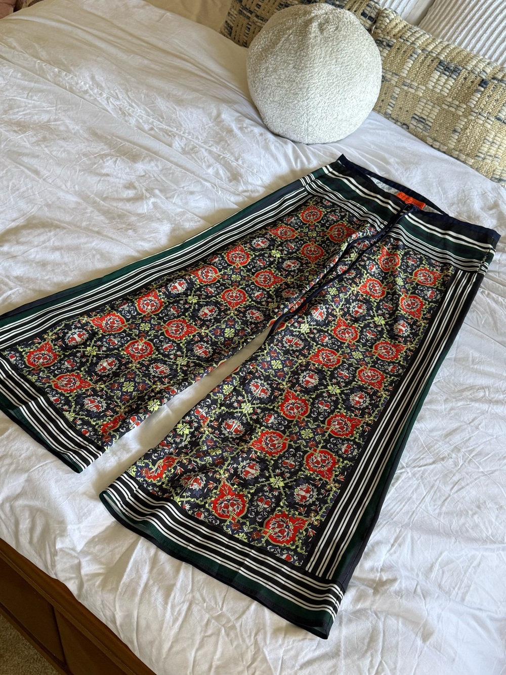 Clover Canyon Black Wide-Leg Pants with Red & Green Floral Medallions